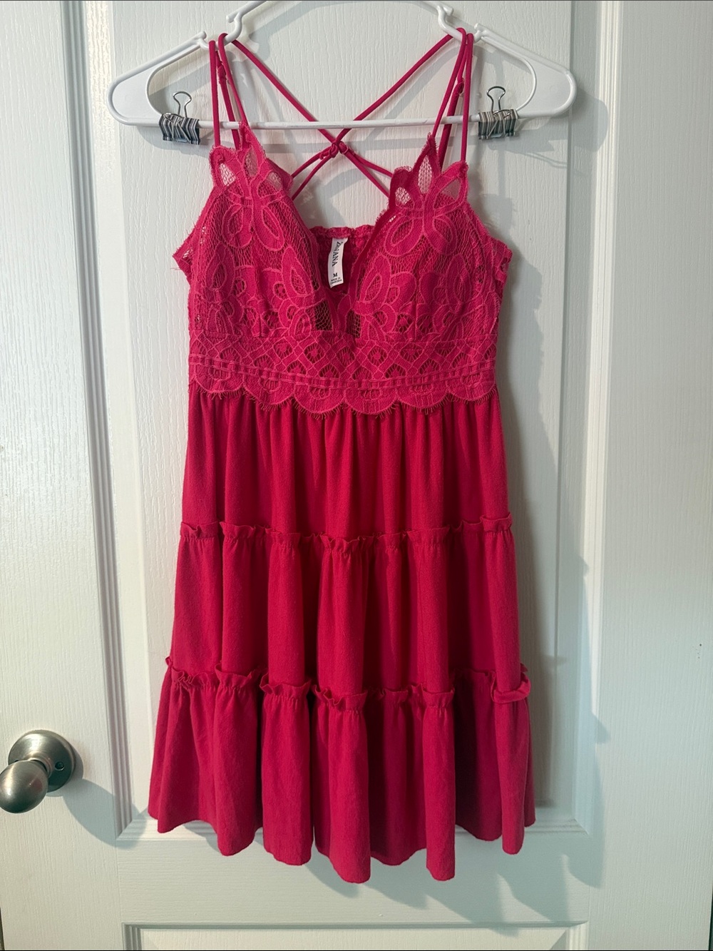 Zenana Outfitters Lace Strappy Tiered Mini Dress - Hot Pink